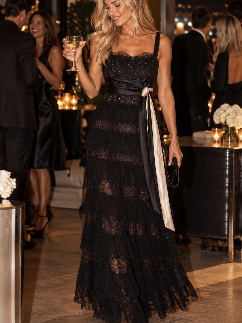 BCBGMaxAzria Black Lace Tiered Maxi Dress with Satin Sash